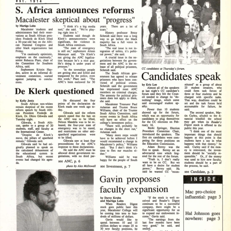 Articles on South Africa reforms, CC candidates speak, Gavin proposes faculty expansion